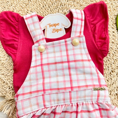 Conj. Body Manga Curta e Salopete Xadrez - Cereja